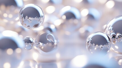 Poster - Close-up of floating water bubbles reflecting light with a soft background, creating an ethereal atmosphere in a serene setting