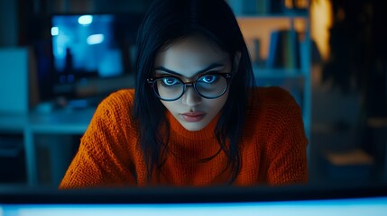 Wall Mural - A cinematic still of an Indian woman with black hair and blue eyes wearing glasses, she is sitting at her desk in front of the computer screen