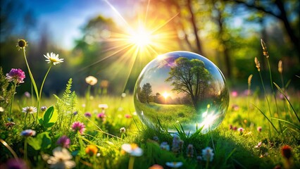 Sticker - A Crystal Sphere Reflects the Beauty of a Sunlit Meadow, Capturing the Essence of Spring's Tranquil Rebirth