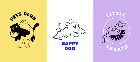 Aufkleber - funny pets, dogs and cats, vector illustration in trendy flat simple linear style, funny mascot and 