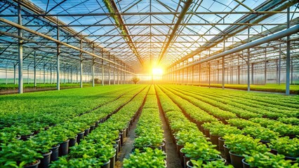 Sticker - Rows of vibrant green seedlings thrive in a greenhouse illuminated by the golden glow of a setting sun.