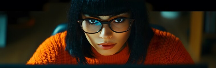 Wall Mural - A cinematic still of an Indian woman with black hair and blue eyes wearing glasses, she is sitting at her desk in front of the computer screen