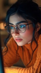 Wall Mural - A cinematic still of an Indian woman with black hair and blue eyes wearing glasses, she is sitting at her desk in front of the computer screen