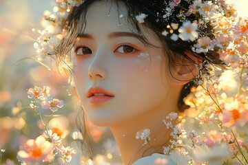 Wall Mural - Ethereal portrait of a woman surrounded by soft glowing flowers in warm sunlight Generative AI
