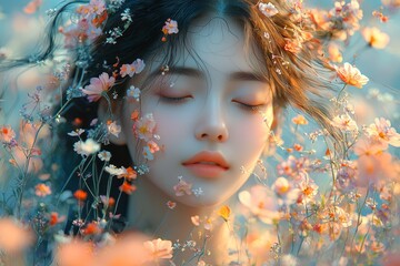 Wall Mural - Ethereal portrait of a woman surrounded by soft glowing flowers in warm sunlight Generative AI