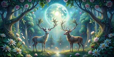 Wall Mural - Two stags with majestic antlers stand amidst a glowing enchanted forest, bathed in the ethereal light of a full moon