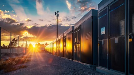 Poster - A row of black buildings with a sun shining on them