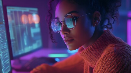 Wall Mural - A cinematic still of an Indian woman with black hair and blue eyes wearing glasses, she is sitting at her desk in front of the computer screen