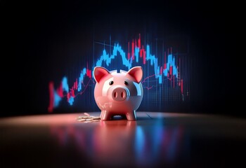 Wall Mural - Pink piggy bank sitting on a dark surface with coins scattered in front and a glowing stock chart in the background.