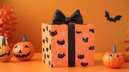 Sticker - Gift box and Halloween decorations on orange background