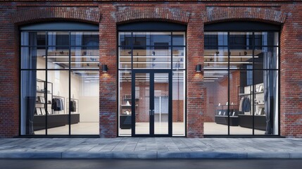 Poster - A brick building with a large window and a black door