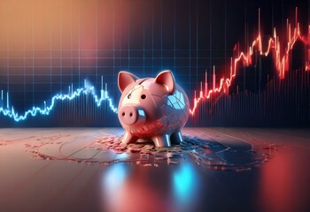 Poster - A broken pink piggy bank sits on a surface with scattered coins, in front of a chart with a red line moving upward.