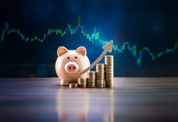 Leinwandbilder - A piggy bank sits in front of a stack of coins with an arrow pointing up, against a blurred background of a stock market chart.