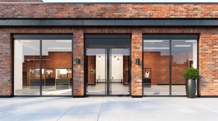 Poster - A brick building with a glass front has a black door