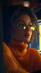 Wall Mural - A cinematic still of an Indian woman with black hair and blue eyes wearing glasses, she is sitting at her desk in front of the computer screen