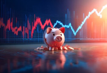 Wall Mural - A broken piggy bank lies on a surface with a reflection. Behind it, a financial chart shows red and blue lines.