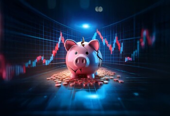 Aufkleber - A broken piggy bank sits on a pile of coins in front of a red and blue stock chart.