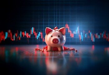 Aufkleber - A pink piggy bank is shattered against a background of a blue grid with red and blue candlestick charts.