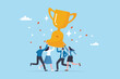 © Nuthawut - Team success achievement, winning trophy award together, celebrate team effort collaboration, teamwork motivation, ambition concept, business people colleague celebrate award winning trophy together.
