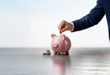 A hand in a blue suit drops a coin into a pink piggy bank on a gray table.