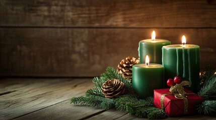 Wall Mural - traditional christmas decoration on rustic wooden background featuring glowing candles, colorful gif