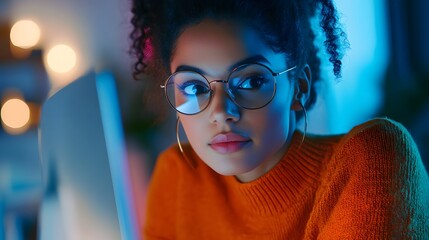 Wall Mural - A cinematic still of an Indian woman with black hair and blue eyes wearing glasses, she is sitting at her desk in front of the computer screen