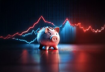 Sticker - A broken piggy bank sits in front of a dark background with glowing blue and red lines and bars.