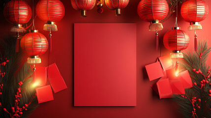 Vibrant red background with decorative lanterns, festive gifts, and an empty canvas for personalized messages or designs.