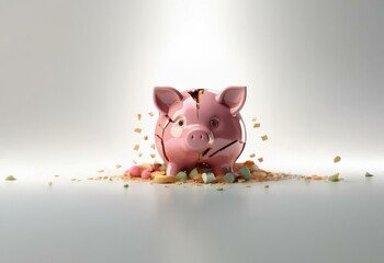 Aufkleber - A broken pink piggy bank sits on a white background with colorful candy spilling out.