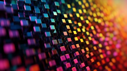 Poster - Colorful abstract pattern of 3D cubes illuminated with vibrant light creating a dynamic visual effect in a dark setting