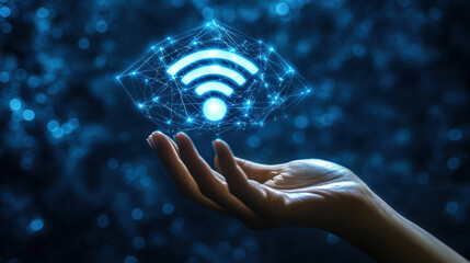 Poster - Wireless connection symbol on a blackboard. network technology concept. Wi-Fi icon is in the center. Internet network connection technology. Symbolizing modern digital connectivity. Free internet zone