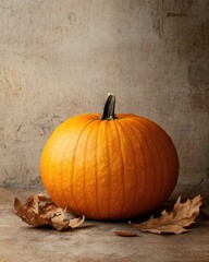 Sticker - orange pumpkin on brown background with dry leaves