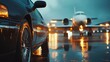 © Helois - Black car parked in front of a private jet on a wet tarmac.
