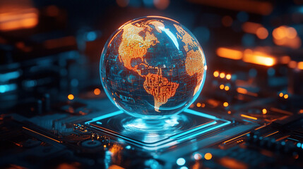 Poster - Global connectivity. Abstract digital world with glowing circuit board and globe. Digital technology. Global network concept for internet of things. Futuristic network technology. World map with tech