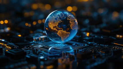 Poster - Global connectivity. Abstract digital world with glowing circuit board and globe. Digital technology. Global network concept for internet of things. Futuristic network technology. World map with tech
