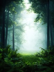 Canvas Print - A serene forest scene featuring tall trees shrouded in mist, creating an ethereal atmosphere, This image is ideal for nature-themed projects, wellness content, or environmental campaigns,