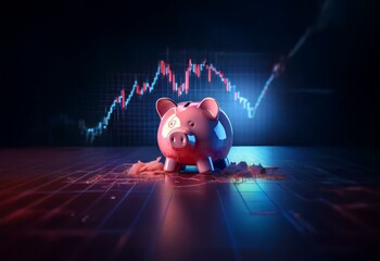 Wall Mural - A pink piggy bank is lying on its side on a dark surface, with a blurred chart showing a downward trend in the background.