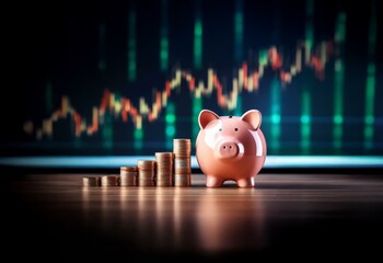 Piggy bank and stacks of coins on a wooden surface with a blurred background of stock market data.