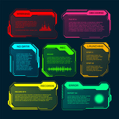 Poster - Futuristic HUD or UI elements. Sci-fi user interface text boxes, callouts. Colorful warning message frame, information boxes template. Modern game interface layout, digital style. Vector illustration
