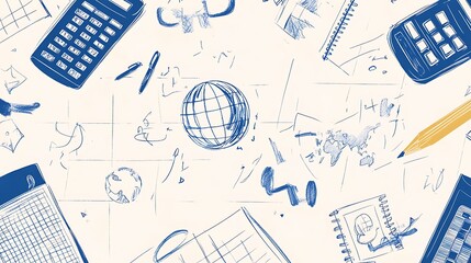 Vector illustration of a back-to-school banner with hand-drawn doodles like globes, calculators, and notebooks on a checkered paper background, creating a playful and educational design