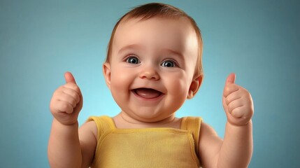 cheerful baby with two thumbs up an expression of pure joy on a vibrant blue background