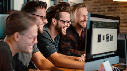 Poster - Four people work together on a design project, faces filled with excitement as they concentrate on the computer screen, Capture the excitement and energy of a team working together on a project