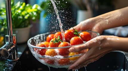 Sticker - A woman's hand holds a bowl filled with vibrant tomatoes, gently washing them under a stream of water in the sink,