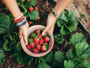 Hands holding a bowl of fresh strawberries in a garden, symbolizing organic farming, sustainability, and healthy eating