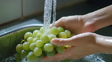 Poster - Close-up of a woman's hand washing juicy grapes under running water in the sink, emphasizing the freshness and care in preparing nutritious fruits.