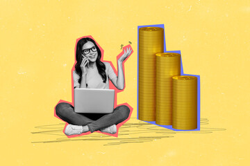 Wall Mural - Creative photo collage young woman remote job internet earnings golden coins stack pile rich wealthy investor drawing doodles