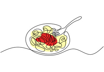 Wall Mural - Spaghetti Bolognese illustrated in continuous line drawing. Hand-drawn representation of Italian food concept.