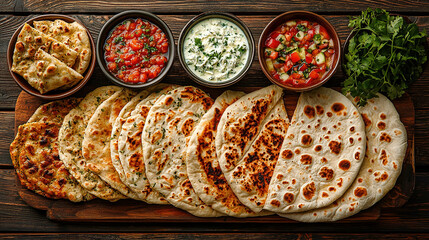 Different types of flatbreads on a wooden table, front view shot 