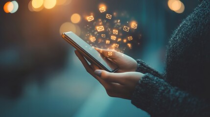 Poster - Woman using smartphone at night, illuminated by glowing email icons, representing digital communication and connectivity.