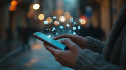Poster - Urban professional using smartphone at dusk with social media icons. Engaged in online activities.